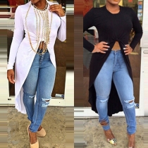 Fashion Solid Color Long Sleeve Irregular Hem Knotted Tops