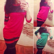 Fashion Contrast Color Long Sleeve Round Neck Slim Fit Dress