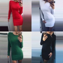 Fashion Solid Color Long Sleeve Round Neck Slim Fit Dress