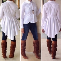 Fashion Solid Color Long Sleeve POLO Collar Dovetail Hem Shirt