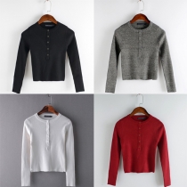 Fashion Solid Color Long Sleeve Knit Crop Tops