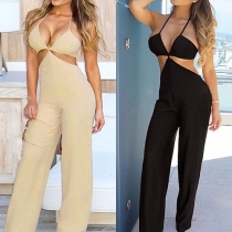 Sexy Backless Deep V-neck Hollow Out High Waist Jumpsuits
