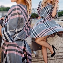Fashion Half Sleeve Round Neck Gathered Waist Plaid Dress