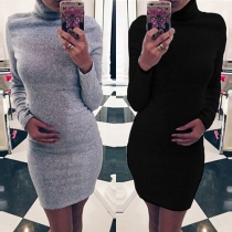 Fashion Solid Color Long Sleeve Turtleneck Slim Fit Dress
