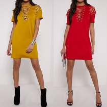 Punk Style Short Sleeve Round Neck Lace-up Solid Color Dress