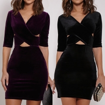 Sexy Crossover V-neck Half Sleeve Solid Color Sheath Dress