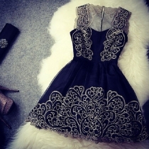 Fashion Lace Spliced Sleeveless Gathered Waist Dress