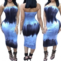 Sexy Strapless Tie Dye Printed Slim Fit Party Dress