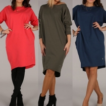 Fashion Solid Color Long Sleeve Slash Neck Loose Dress