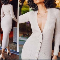 Sexy Deep V-neck Long Sleeve Slim Fit Solid Color Knit Maxi Dress