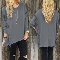 Fashion Solid Color Long Sleeve Round Neck Tassel Tops