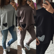Fashion Long Sleeve Round Neck High-low Hem Heart Pattern T-shirt