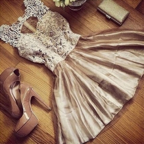 Sexy Backless Lace Spliced Sleeveless High Waist Party Dress