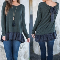 Fashion Flouncing Spliced Hem Long Sleeve Round Neck T-shirt