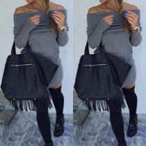 Sexy Slash Neck Off-shoulder Long Sleeve Solid Color Slim Fit Dress