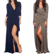 Sexy Deep V-neck High Slit Hem Long Sleeve Party Dress