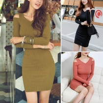 Sexy Off-shoulder V-neck Long Sleeve Slim Fit Knit Dress