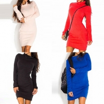 Fashion Solid Color Long Sleeve Turtleneck Slim Fit Dress