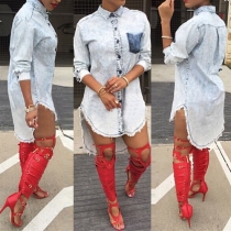 Fashion Long Sleeve POLO Collar High-low Hem Denim Shirt Dress