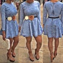 Fashion Long Sleeve Round  Neck Denim Dress