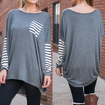 Fashion Striped Spliced Dolman Sleeve Round Neck High-low Hem T-shirt