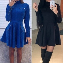 Elegant Solid Color Long Sleeve Stand Collar Gathered Waist Dress