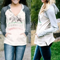 Fashion Contrast Color Raglan Sleeve V-neck Printed Hoodies