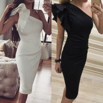 Sexy Oblique Shoulder Lotus Sleeve Solid Color Slim Fit Party Dress