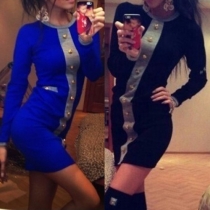Fashion Contrast Color Long Sleeve Round Neck Slim Fit Dress