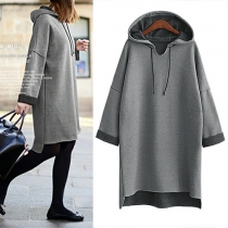 Fashion Solid Color Long Sleeve High-low Hem Hooded Sweatshirt Dress