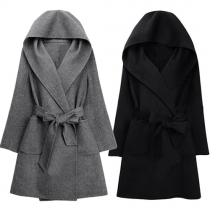 Fashion Solid Color Long Sleeve Hooded Woolen Coat