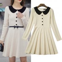 OL Style Doll Collar Long Sleeve Slim Fit A-line Dress