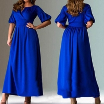 Fashion Solid Color Lantern Sleeve V-neck High Waist Maxi Dress