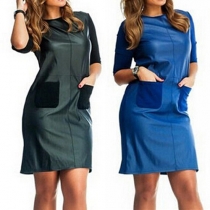 Fashion PU Leather Spliced Half Sleeve Round Neck Oversized Shift Dress