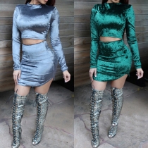 Sexy Solid Color Long Sleeve Crop Tops + High Waist Bust Skirt Set