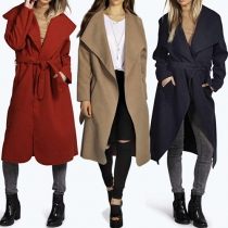 OL Style Solid Color Lapel Slim Fit Overcoat with Waist Strap