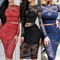 Sexy Long Sleeve Crop Tops + High Waist Bust Skirt See-through Lace Set