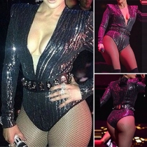 Sexy Deep V-neck Long Sleeve High Waist Sequin Rompers