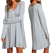 Fashion Solid Color Long Sleeve V-neck Loose T-shirt Dress