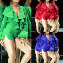 Sexy Deep V-neck Puff Sleeve Flouncing Rompers