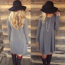 Fashion Long Sleeve Round Neck Loose Striped Dress