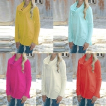 Fashion Solid Color Long Sleeve Cowl Neck Loose T-shirt