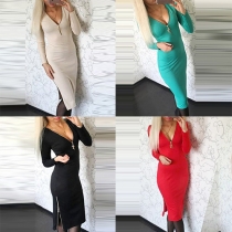 Sexy Deep V-neck Slit Hem Long Sleeve Solid Color Dress