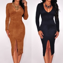 Sexy Deep V-neck Slit Hem Long Sleeve Solid Color Bodycon Dress