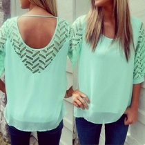 Fashion Lace Spliced Half Sleeve Round Neck Chiffon Tops