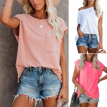Sexy Oblique Shoulder Solid Color Loose T-shirt