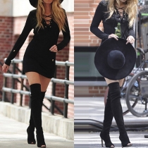 Sexy Lace-up Deep V-neck Long Sleeve Slim Fit Dress