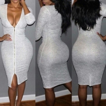Sexy Deep V-neck Slit Hem Long Sleeve Zipper Sheath Dress