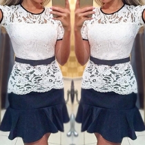 Sexy Lace Spliced Short Sleeve Round Neck Fishtail Hem Dress