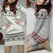 Fashion Long Sleeve Round Neck Elk Pattern Sweater Dress